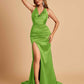 Sexy Satin Open Back Bridesmaid Dresses Mermaid V-neck Side Slit With Train