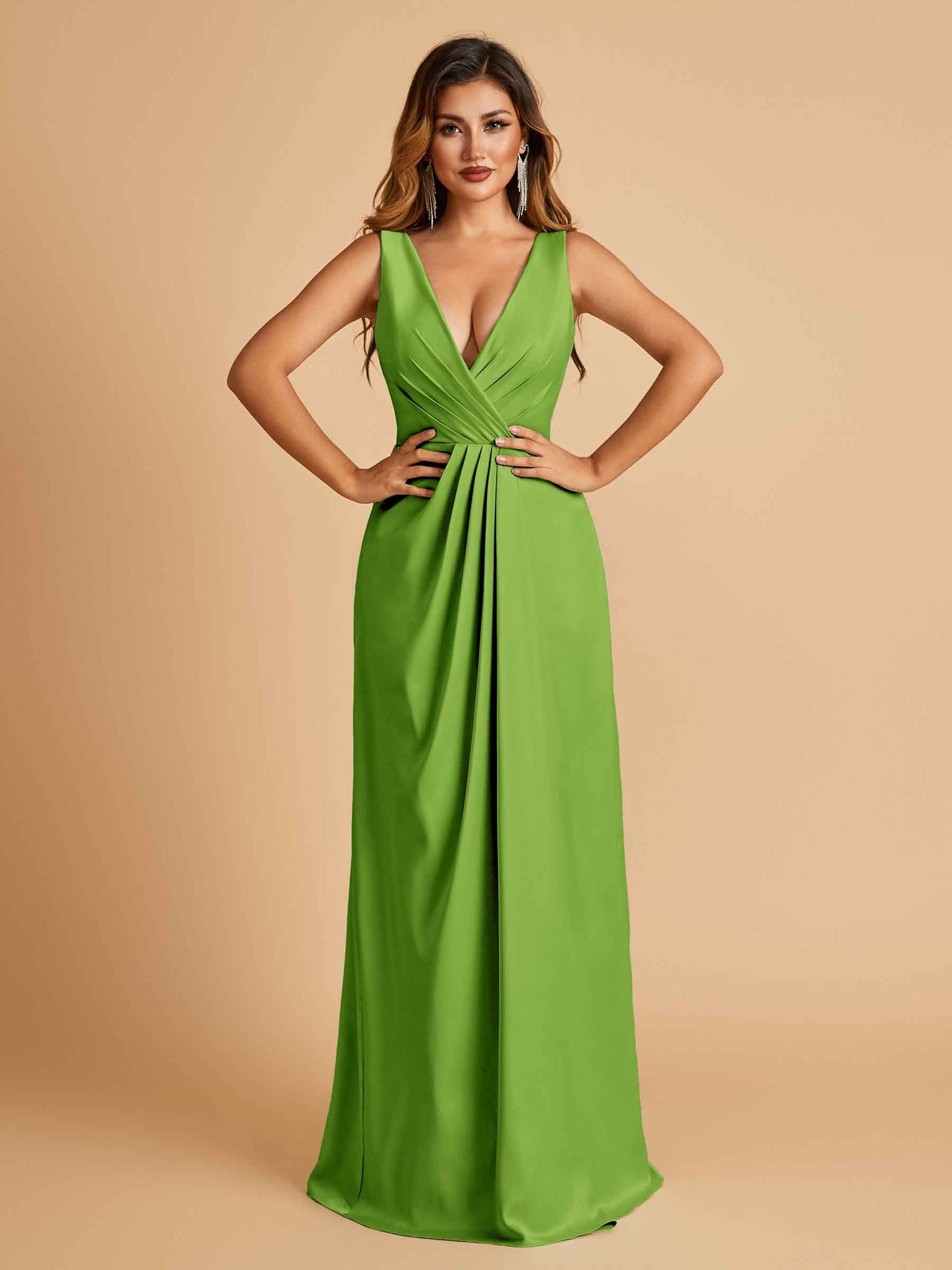 Sexy Satin Deep V-neck Long Prom Dresses A-line Pleats Sleeveless Floor Length