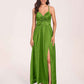 Satin Spaghetti Straps A-line Bridesmaid Dresses Side Slit Floor Length