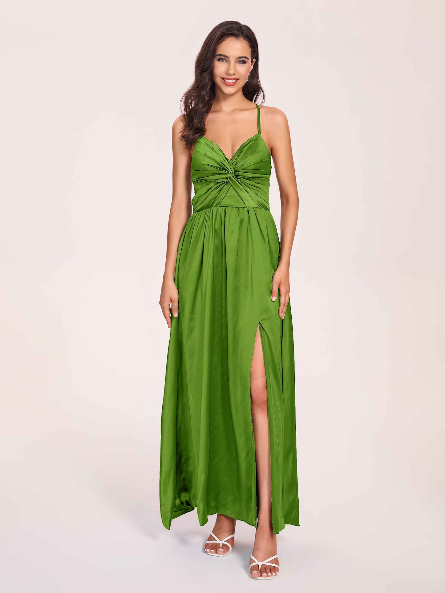 Satin Spaghetti Straps A-line Bridesmaid Dresses Side Slit Floor Length