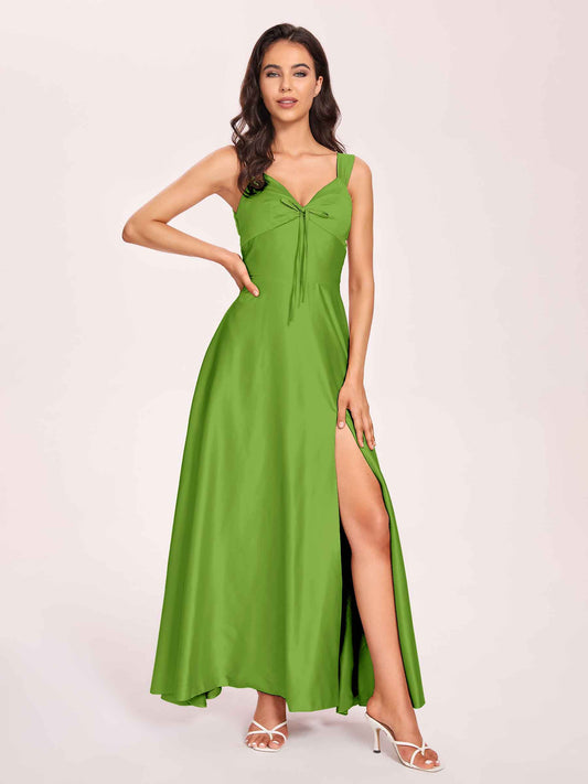 Satin V-neck A-line Bridesmaid Dresses Side slit Floor Length