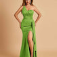 Satin One Shoulder Mermaid Prom Dresses Side Slit Floor Length