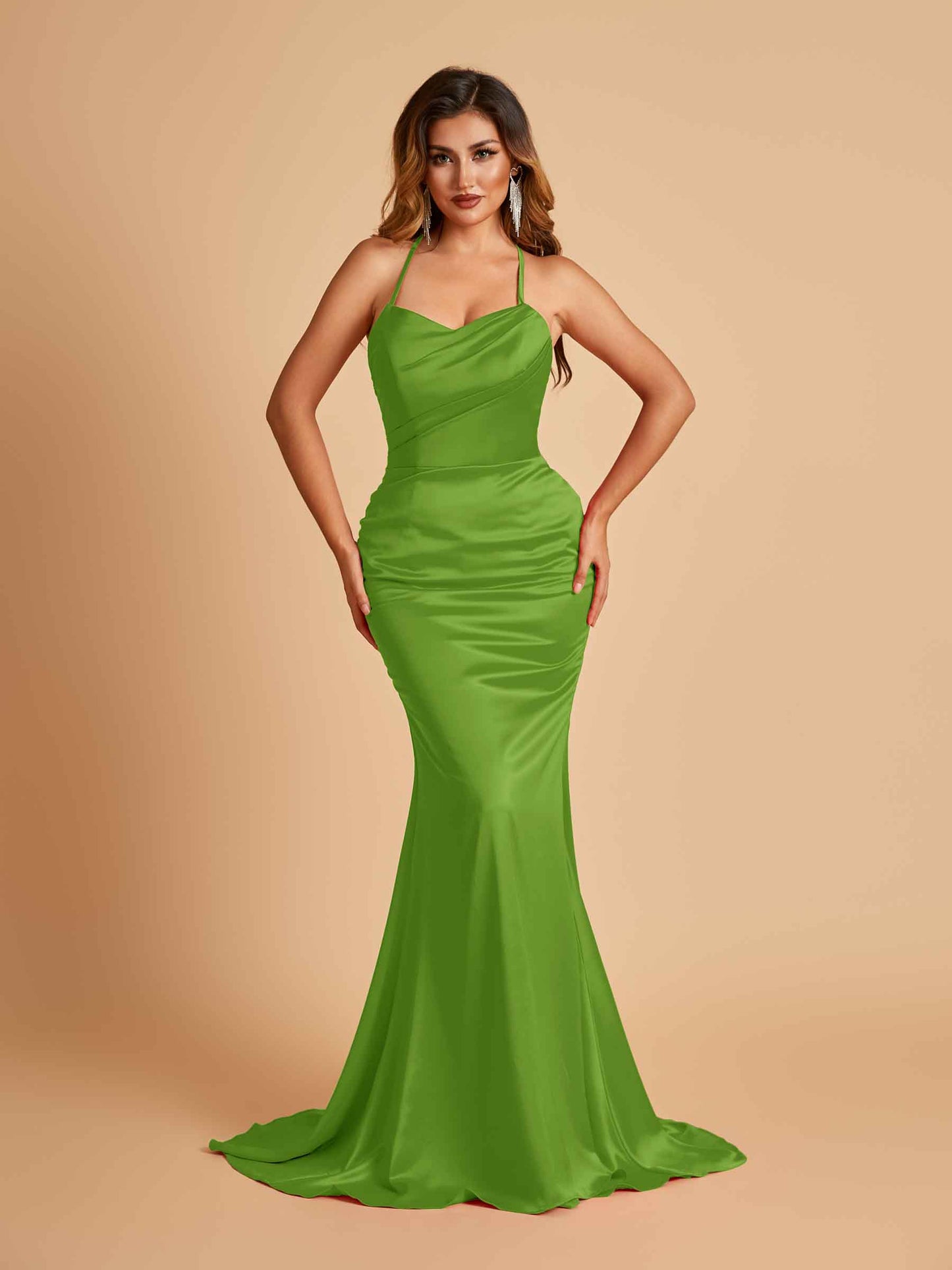 Sexy Satin Mermaid Bridesmaid Dresses Spaghetti Straps Scoop Criss-cross Back