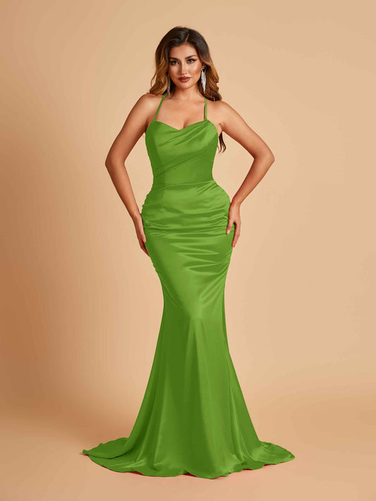 Sexy Satin Mermaid Bridesmaid Dresses Spaghetti Straps Scoop Criss-cross Back