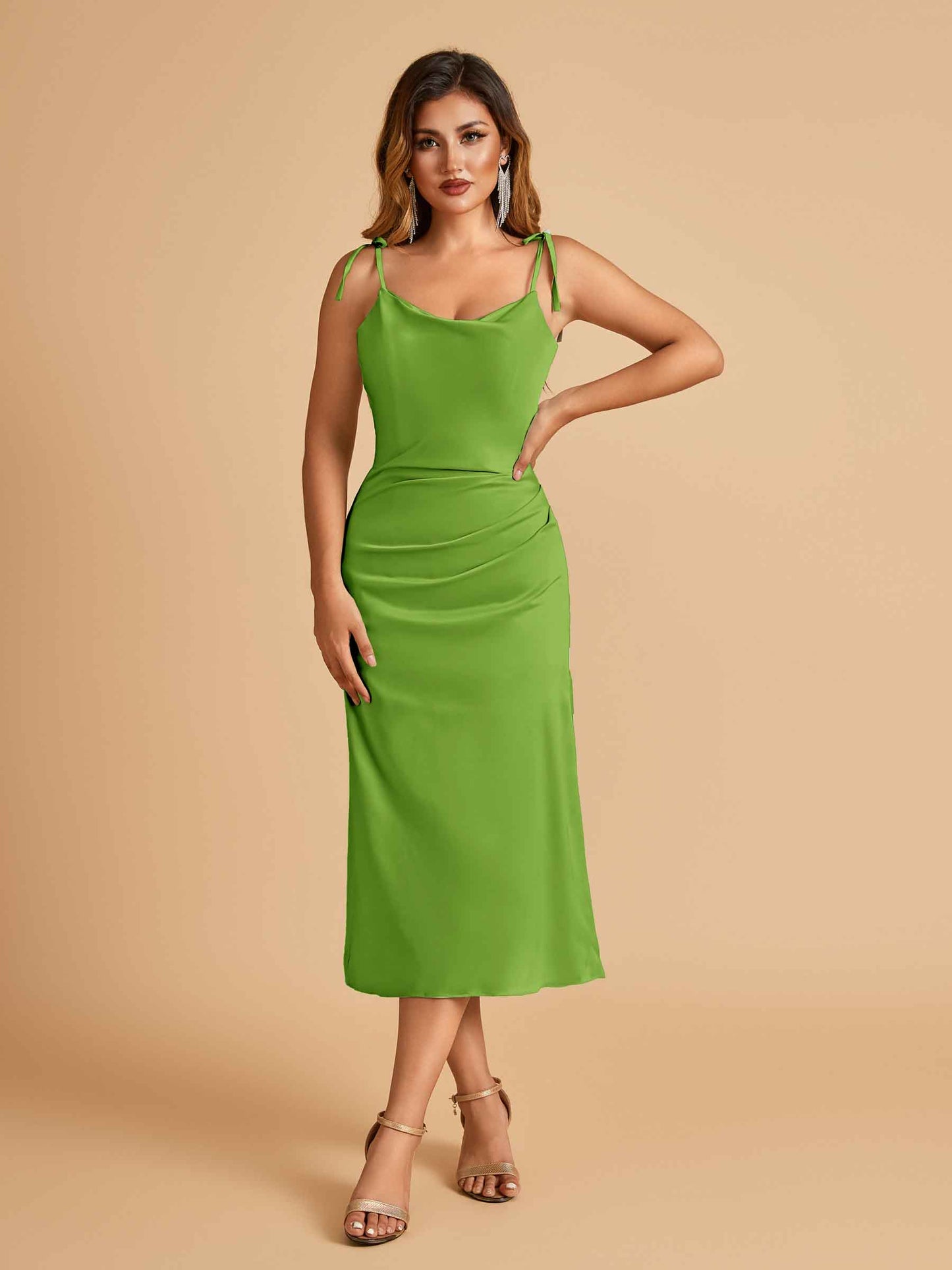 Sexy Satin Midi Bridesmaid Dresses Spaghetti Straps Slip Scoop Side Slit