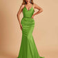 Sexy Satin Mermaid Prom Dresses Spaghetti Straps V-neck Pleats Floor Length