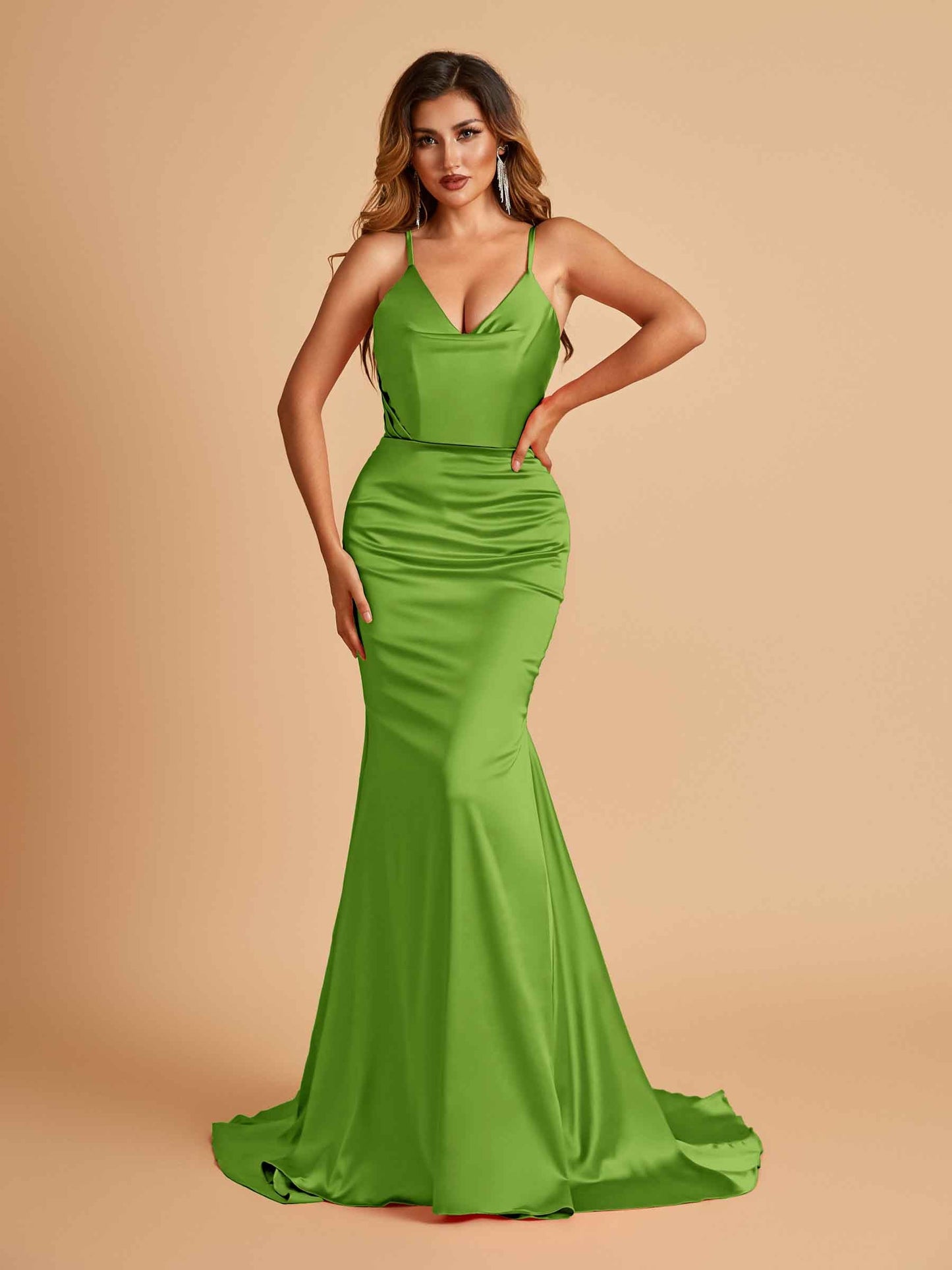 Sexy Satin Mermaid Prom Dresses Spaghetti Straps V-neck Pleats Floor Length