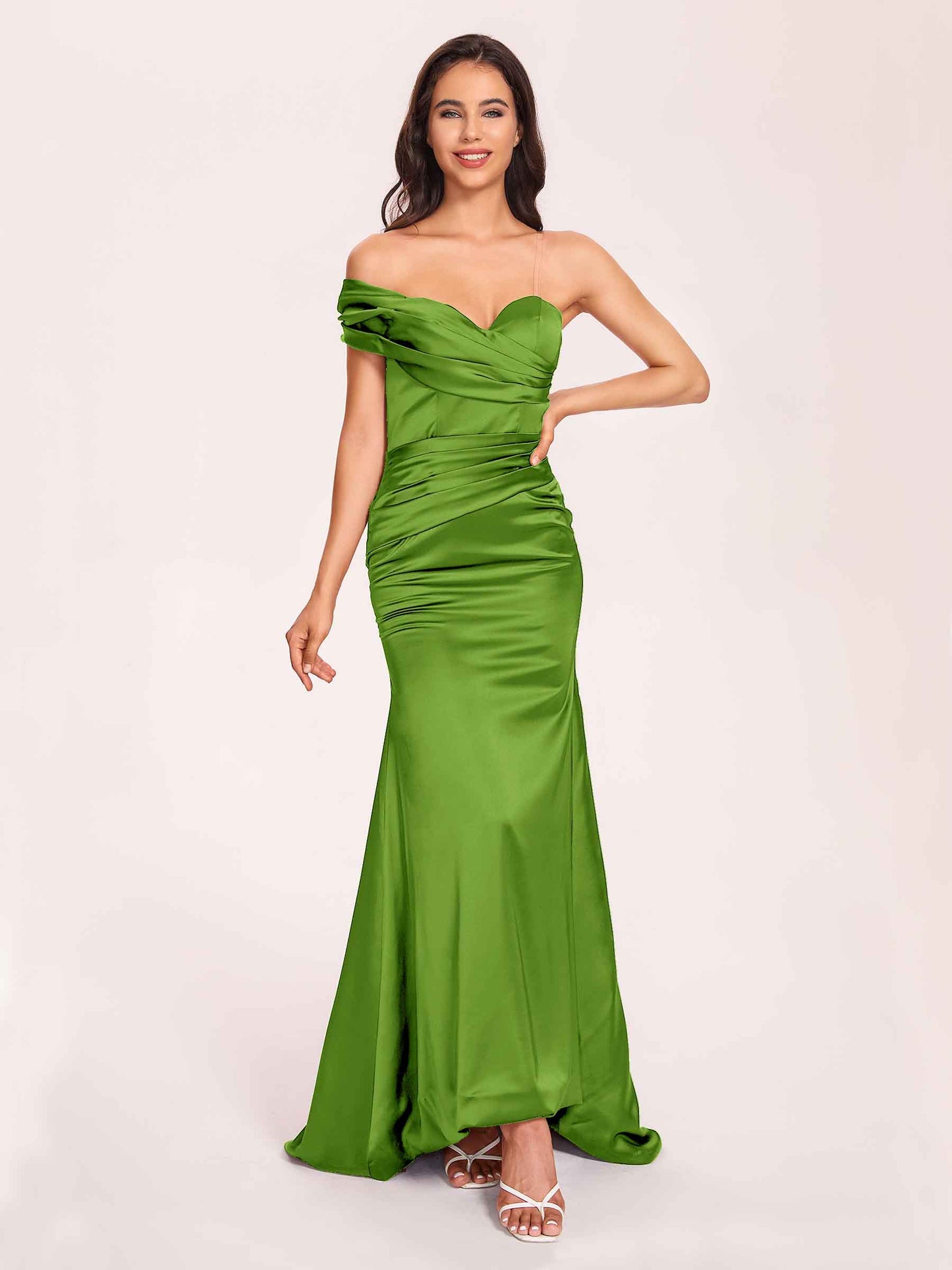 Satin One-shoulder Bridesmaid Dresses Pleats Floor Length Mermaid Long