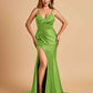 Satin Mermaid V-neck Bridesmaid Dresses Spaghetti Straps Side Slit Floor Length