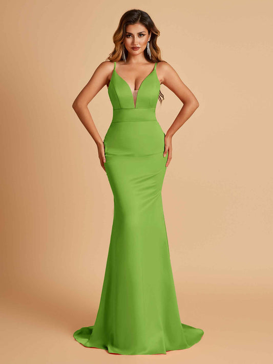 Satin Deep V-neck Mermaid Bridesmaid Dresses Open Back Floor Length