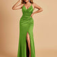 Sexy Satin Sheath Bridesmaid Dresses Spaghetti Straps V-neck Side Slit Pleats Floor Length For Sale