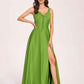 Satin V-neck A-line Prom Dresses Side slit Floor Length