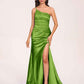 Satin One-shoulder Mermaid Prom Dresses Side Slit Pleats Floor Length