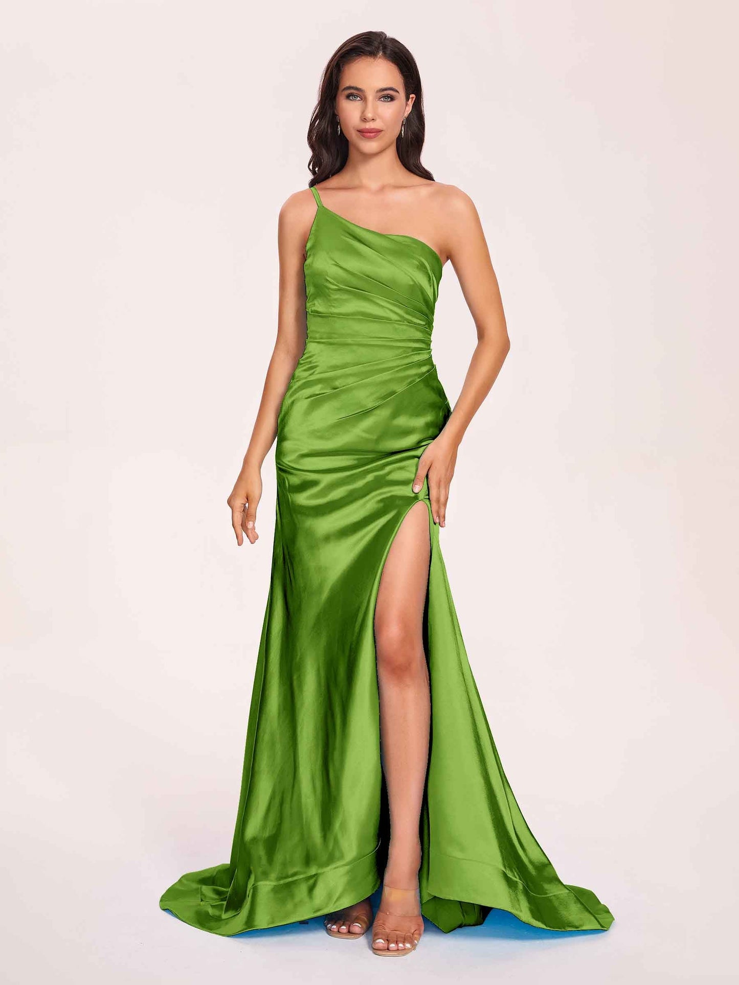 Satin One-shoulder Mermaid Prom Dresses Side Slit Pleats Floor Length