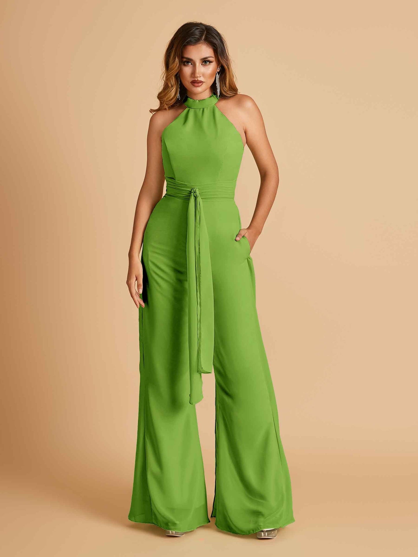 Chiffon Prom Jumpsuit Jewel Neck Sleeveless Floor Length With Pockets