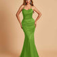 Sexy Satin Mermaid Prom Dresses Spaghetti Straps Scoop Criss-cross Back