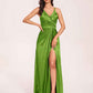 Sexy Satin A-line Prom Dresses Spaghetti Straps Side Slit V-neck Floor Length