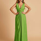 Sexy Satin Deep V-neck Long Bridesmaid Dresses A-line Pleats Sleeveless Floor Length