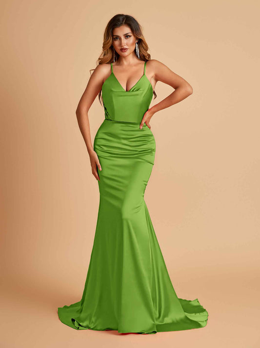 Sexy Satin Mermaid Bridesmaid Dresses Spaghetti Straps V-neck Pleats Floor Length