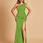 Satin One-shoulder Bridesmaid Dresses Mermaid Side Slit Sleeveless Floor Length