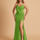 Sexy Satin Sheath Bridesmaid Dresses Spaghetti Straps V-neck Side Slit Floor Length