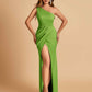 Satin One-shoulder Bridesmaid Dresses Sheath Side Slit Sleeveless Floor Length
