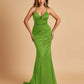 Satin Mermaid Open-back Bridesmaid Dresses Spaghetti Straps V-neck With Pleats Floor Length