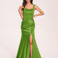 Sexy Satin Square Mermaid Bridesmaid Dresses Pleats Side-Slit Floor-Length Sleeveless