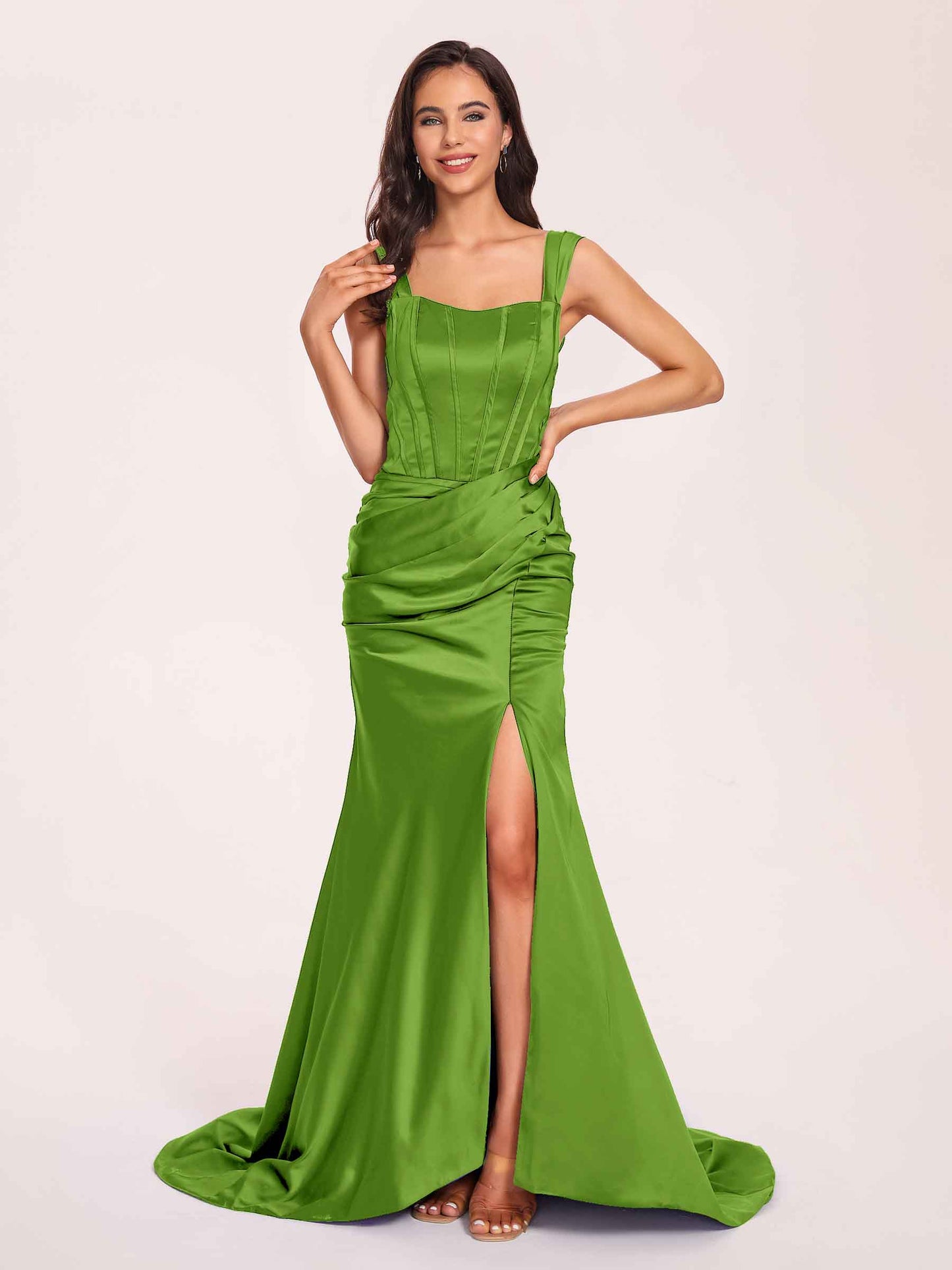 Sexy Satin Square Mermaid Bridesmaid Dresses Pleats Side-Slit Floor-Length Sleeveless