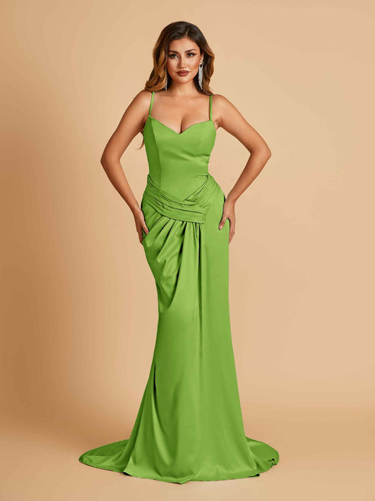 Satin Mermaid Sweetheart Bridesmaid Dresses Spaghetti Straps With Pleats Floor Length