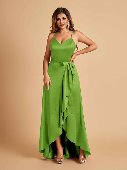 Satin Asymmetric V-neck Bridesmaid Dresses Sleeveless Side Slit A-line Unique