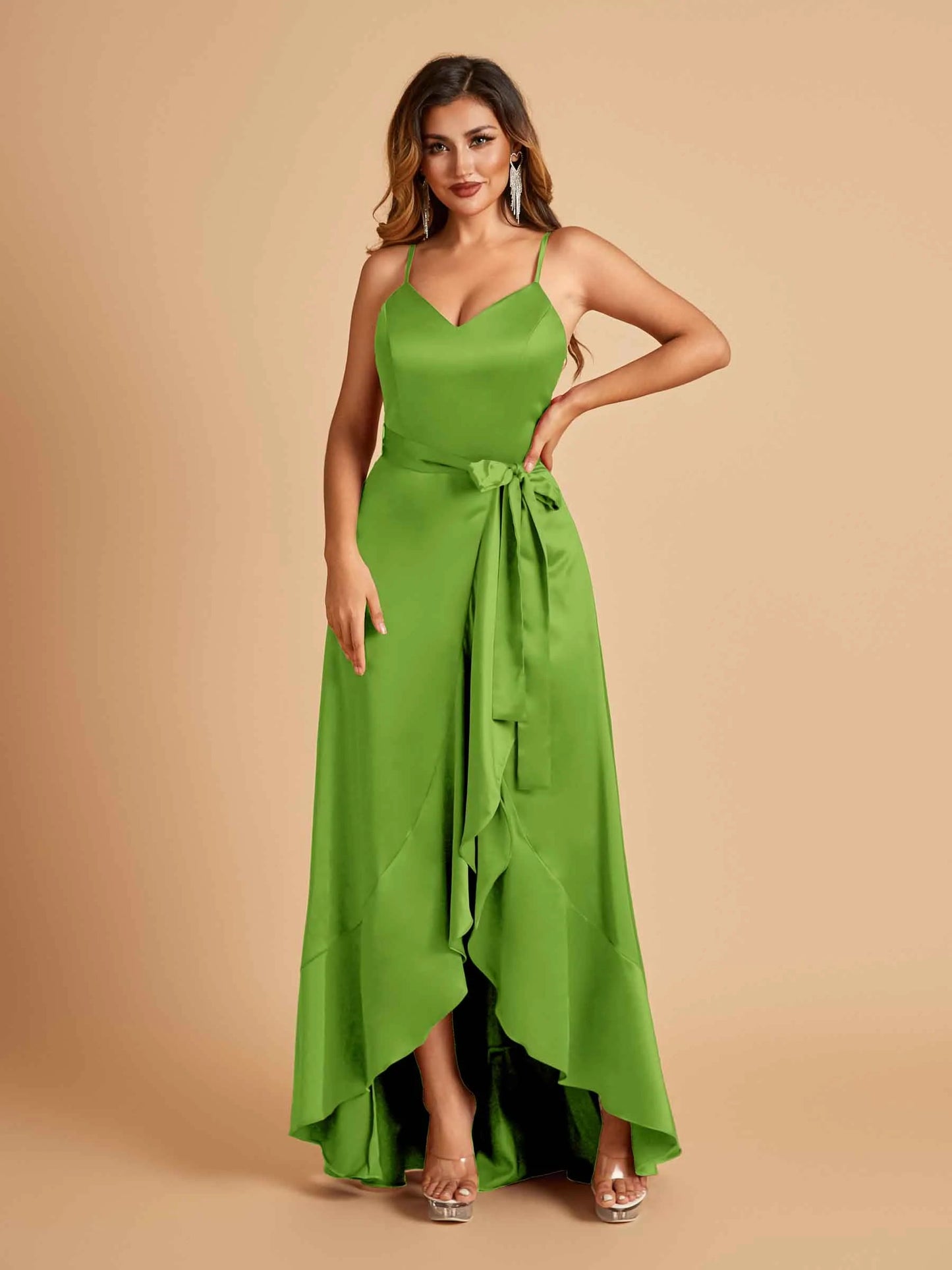 Satin Asymmetric V-neck Bridesmaid Dresses Sleeveless Side Slit A-line Unique For Sale