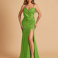 Sexy Satin Sheath Prom Dresses Spaghetti Straps V-neck Side Slit Floor Length