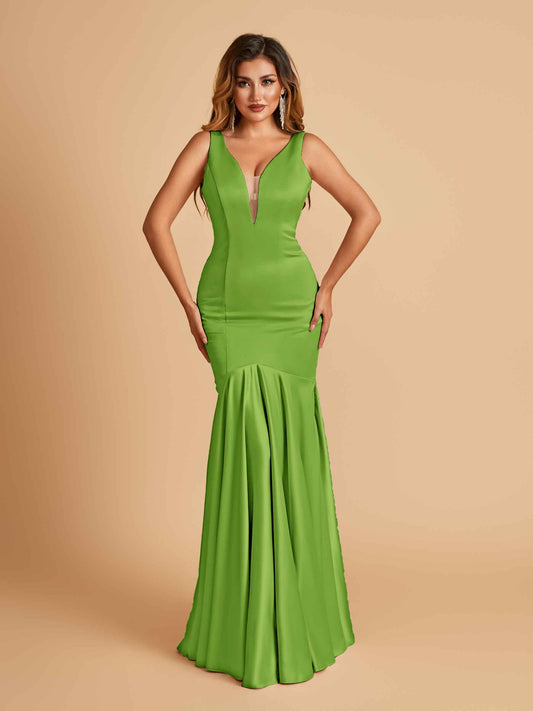 Satin Deep V-neck Mermaid Bridesmaid Dresses Half Open Back Floor Length