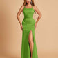 Satin Mermaid Long Bridesmaid Dresses Spaghetti Straps Scoop Side Slit Criss-cross Back For Sale