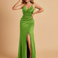 Sexy Satin Sheath Bridesmaid Dresses Spaghetti Straps V-neck Side Slit Pleats Floor Length