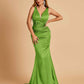 Sexy Satin Criss-cross Back Bridesmaid Dresses Mermaid Deep V-neck Back Pleats Floor Length