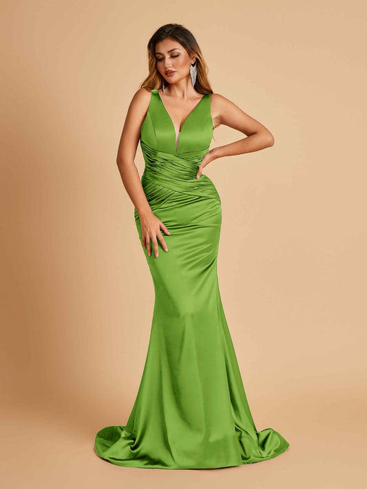 Sexy Satin Criss-cross Back Bridesmaid Dresses Mermaid Deep V-neck Back Pleats Floor Length