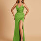 Sexy Satin Halter Straps Sheath Prom Dresses Side Slit Pleats Floor Length