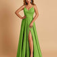 Satin A-line Long Prom Dresses Spaghetti Straps V-neck Side Slit Floor Length
