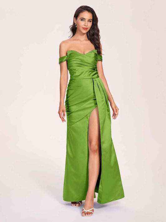 Elegant Satin Off Shoulder Bridesmaid Dresses Side-slit Sweetheart Floor Length Sheath