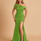Unique Satin Mermaid Prom Dresses With Off Shoulder Straps Side Slit Floor Length