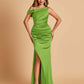 Unique Satin One Shoulder Prom Dresses Side Slit Half Open Back Floor Length