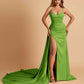 Sexy Satin Sheath Bridesmaid Dresses Spaghetti Straps Sweetheart Side Slit With Train