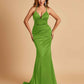 Satin Mermaid Open-back Prom Dresses Spaghetti Straps V-neck With Pleats Floor Length