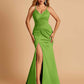 Sexy Mermaid Bridesmaid Dresses Spaghetti Straps Satin Side Slit Pleats Floor Length