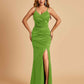 Sexy Satin Mermaid Bridesmaid Dresses Spaghetti Straps V-neck Side Slit Floor Length