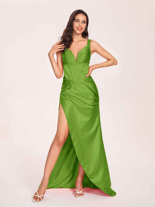 Satin Spaghetti Straps Corset Bridesmaid Dresses Pleats Side-Slit Sheath Floor Length