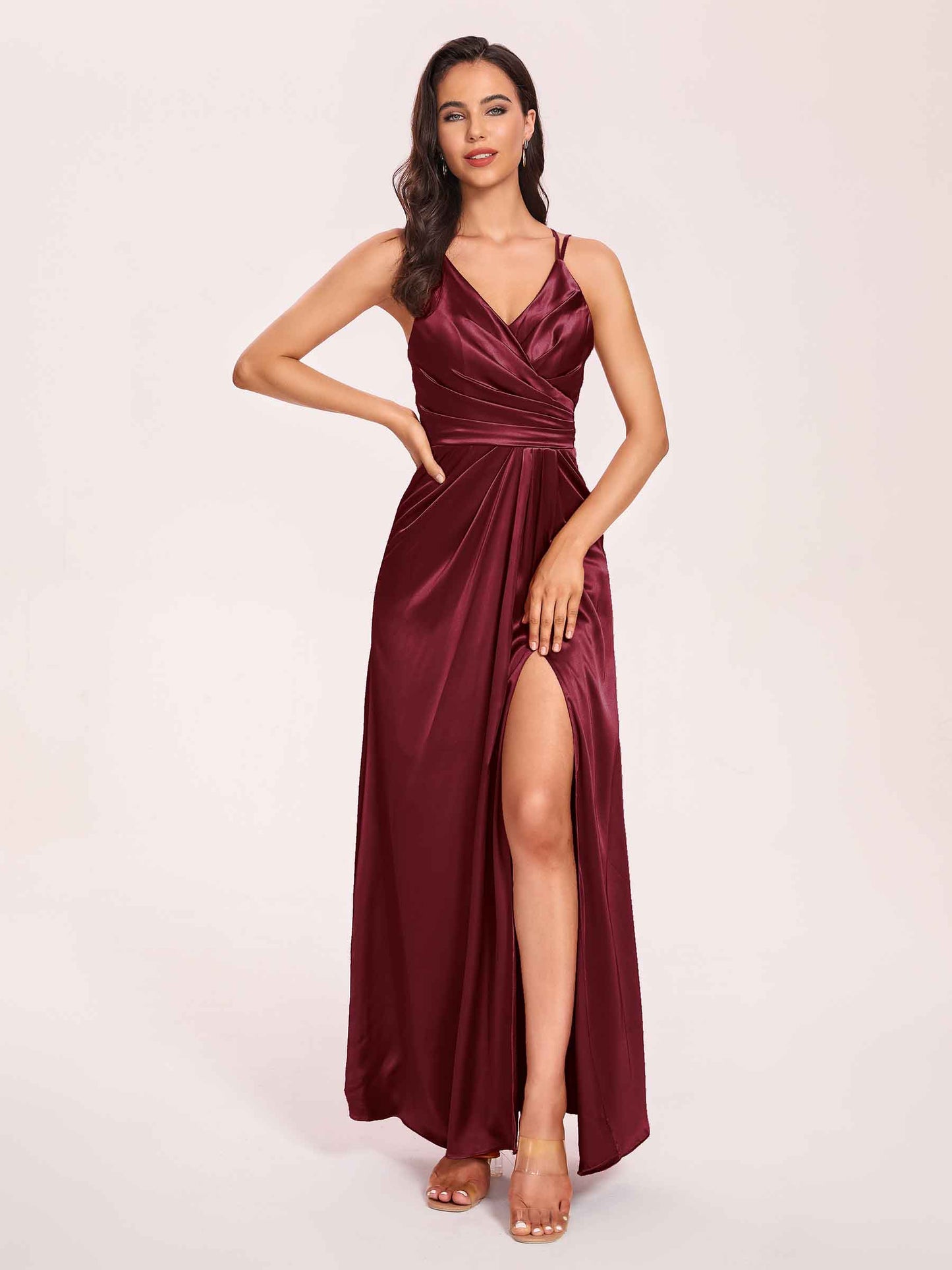 Sexy Satin A-line Bridesmaid Dresses Spaghetti Straps Side Slit V-neck Floor Length
