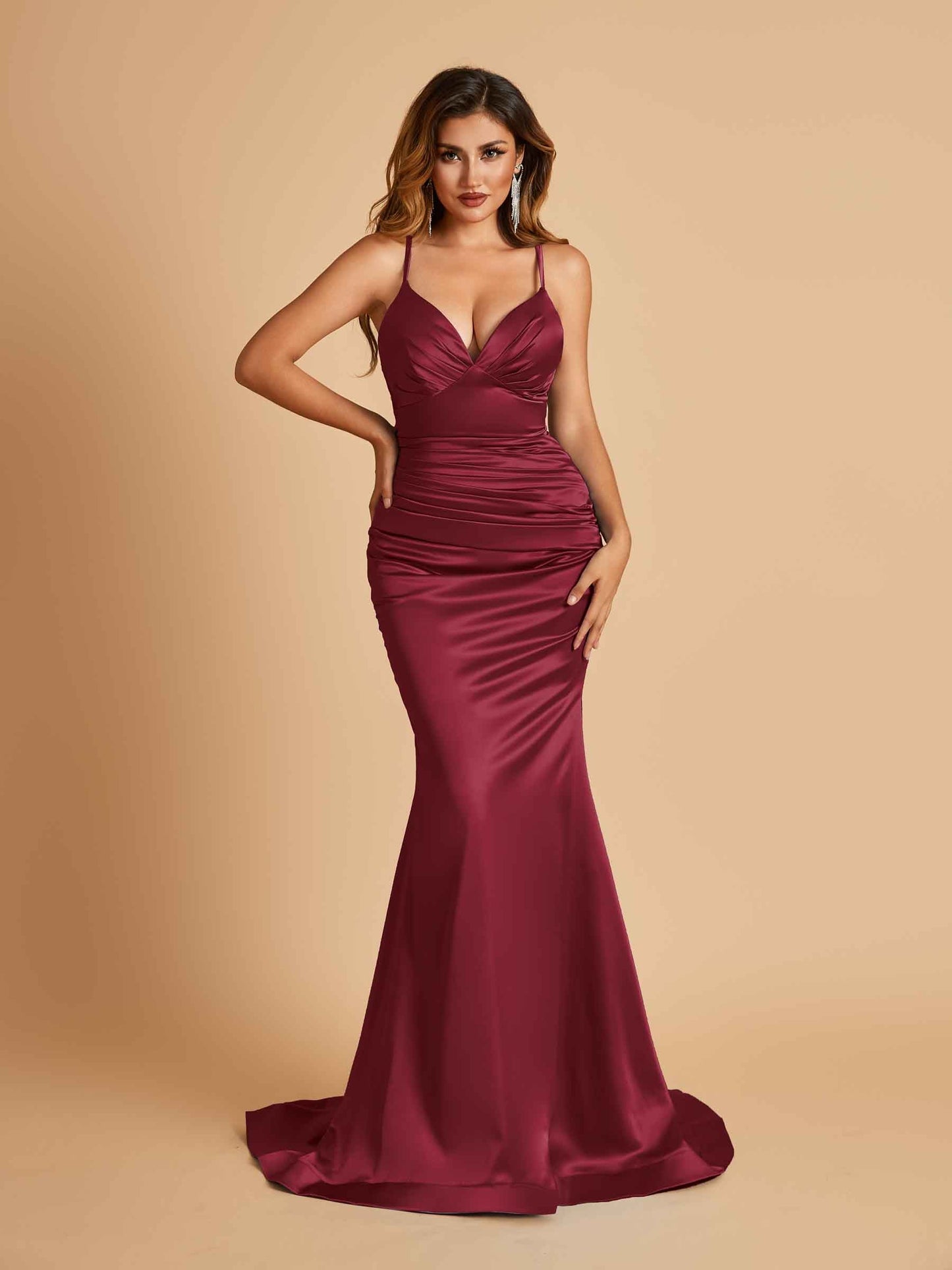 Satin Mermaid V-neck Prom Dresses Spaghetti Straps Floor Length